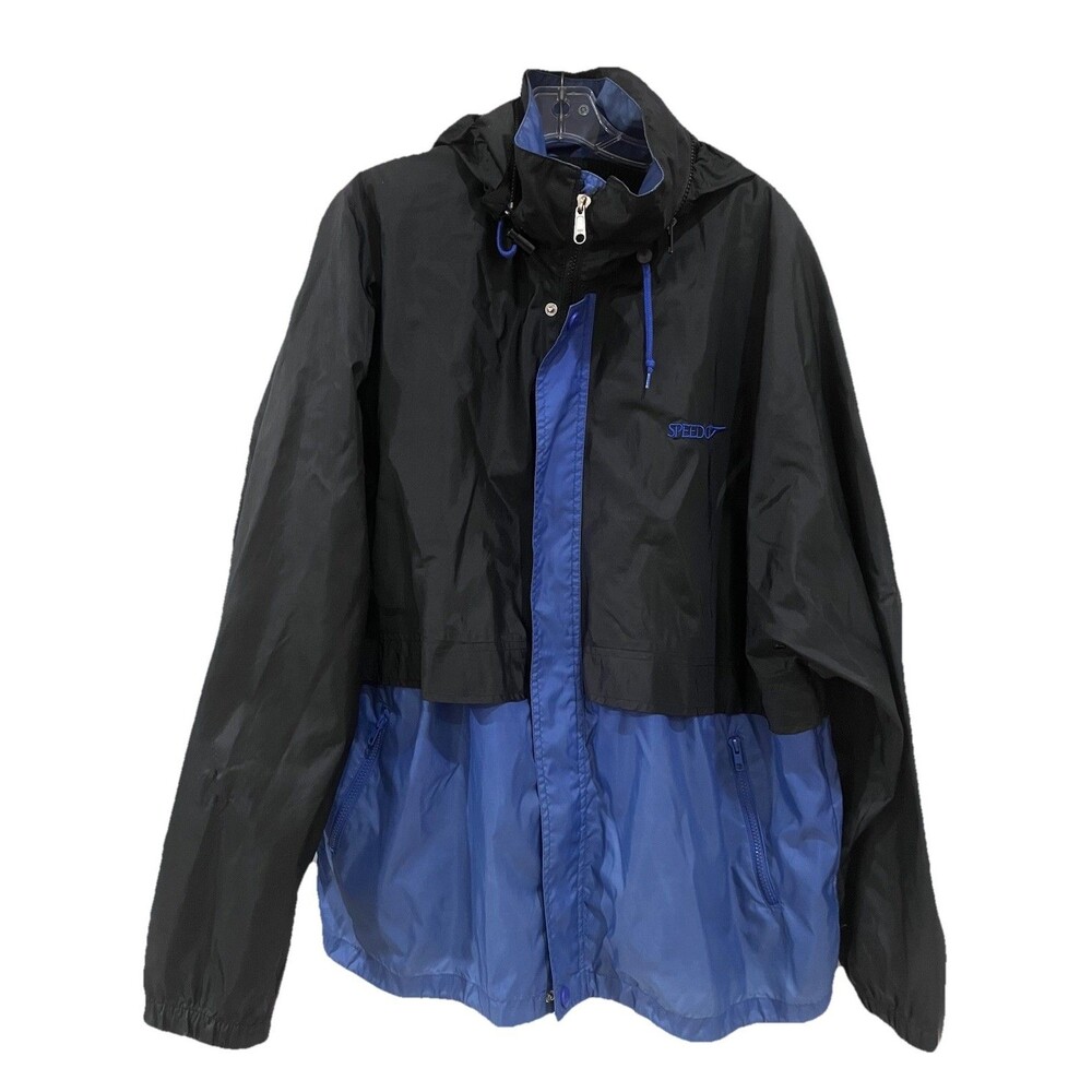 Speedo Unlined Windbreaker Swim Jacket Blue White Unisex Hooded Full Zip Blue